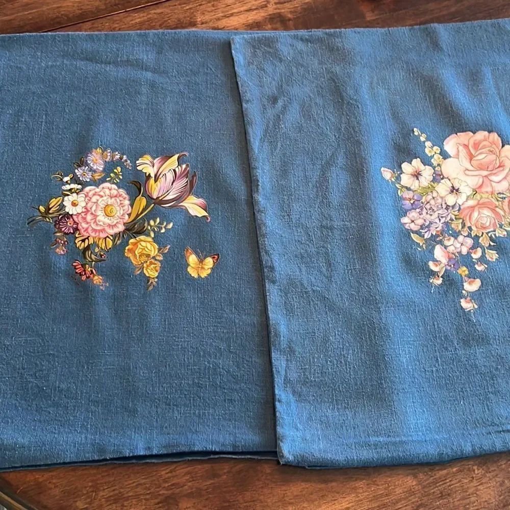IKEA Blue Upcycled Pillow Covers w/ Floral Transfers w/ Zipper Closure- 2 pcs.